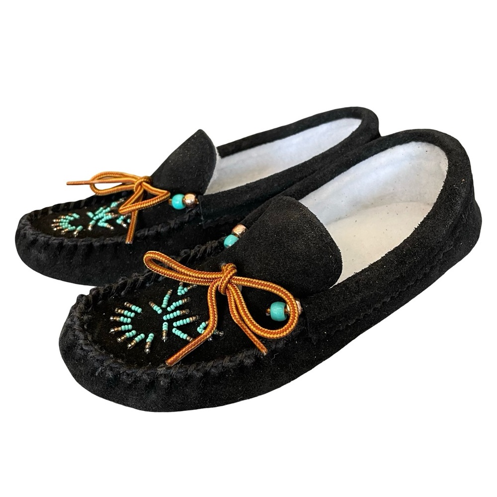 NWT Bastien Industries Beaded Fringe Black Leather Slippers Size 7